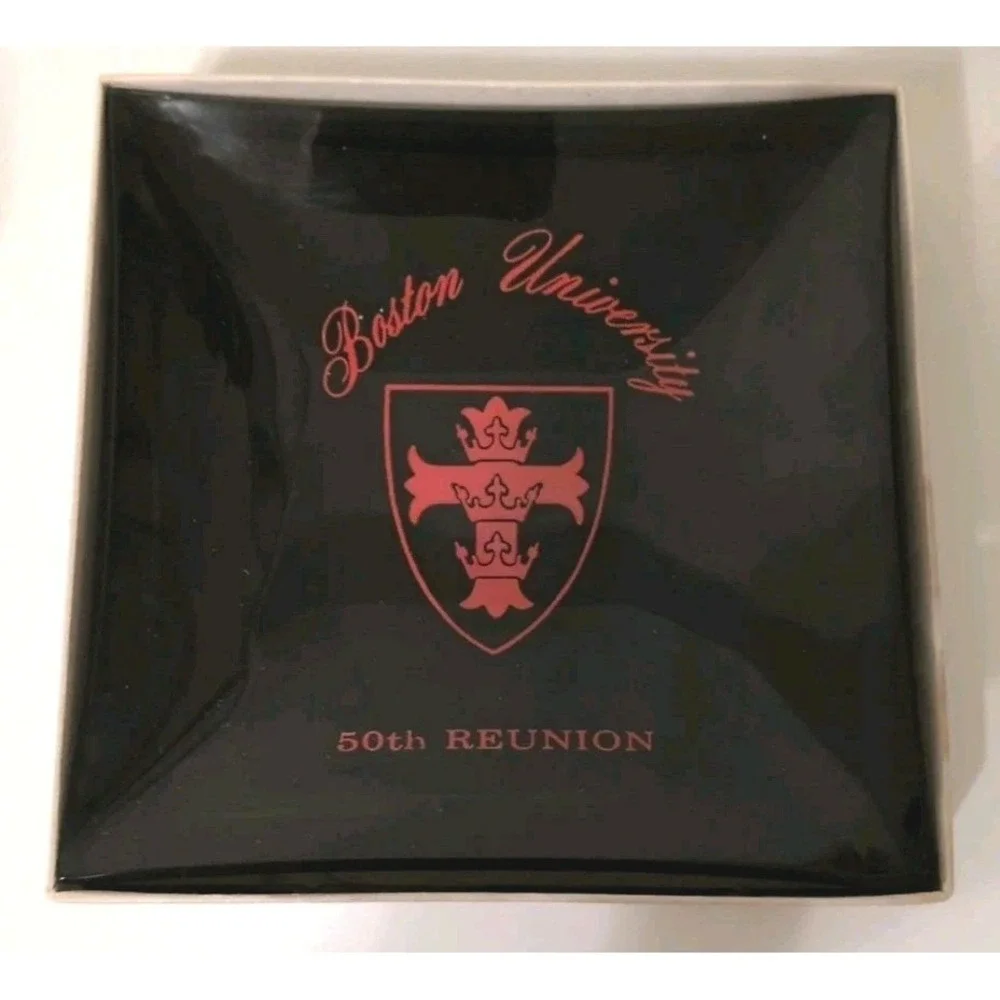 Boston University 50th Reunion Vintage Glass Tray Commemorative BU Crest Black